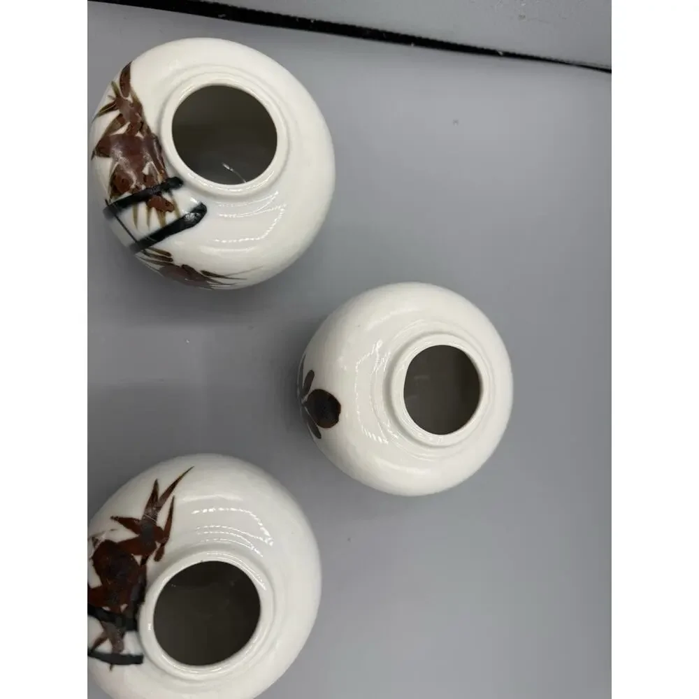 Vintage Japan Mini Bud Vases Set of 3 Hand Painted Bamboo Floral Ceramic